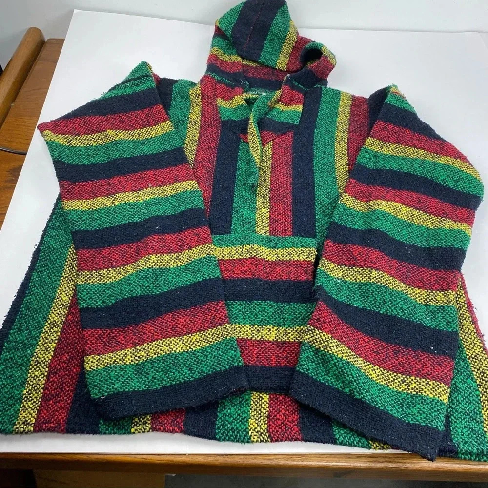 Mens Large Tapestry Hippie Drug Rug Hoodie Sweatshirt Red Yellow Green NO TAG